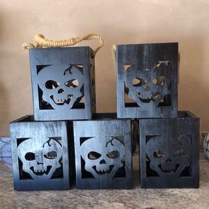 Set of 5 Black Wooden Box Candle Holders for Halloween